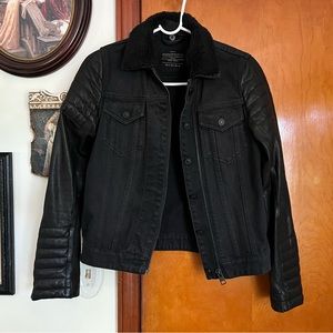 allsaints black denim jacket with leather sleeves and removable shearling collar
